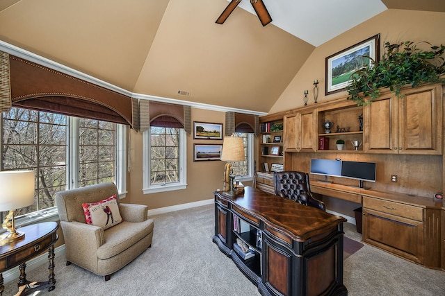 1303 Bonnema Ave, Naperville, IL 60565 - office with built in study area, light colored carpet, visible vents, vaulted ceiling, and baseboards