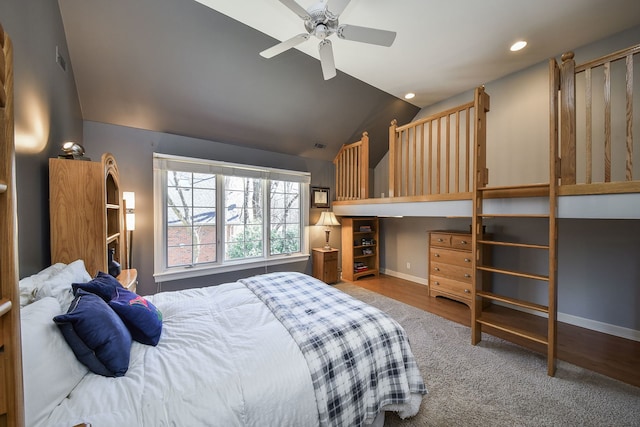 1303 Bonnema Ave, Naperville, IL 60565 - bedroom featuring recessed lighting, vaulted ceiling, ceiling fan, carpet flooring, and baseboards