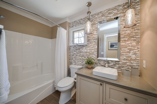 1303 Bonnema Ave, Naperville, IL 60565 - bathroom with toilet, ornamental molding, shower / bath combination with curtain, and decorative backsplash