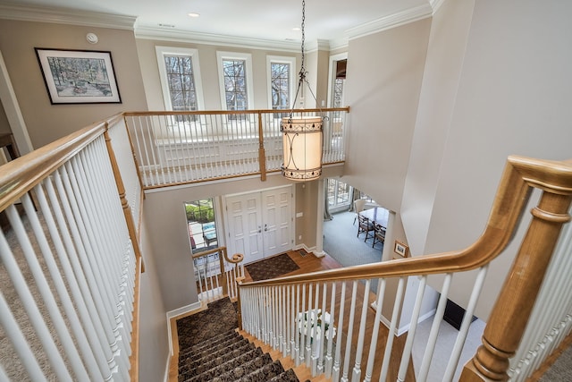 1303 Bonnema Ave, Naperville, IL 60565 - stairway featuring baseboards, crown molding, and plenty of natural light