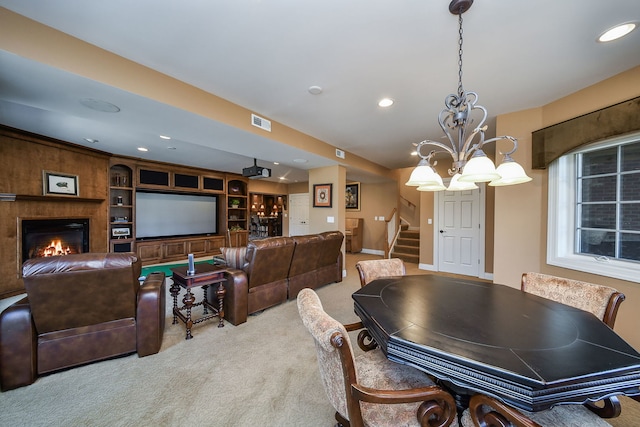 1303 Bonnema Ave, Naperville, IL 60565 - dining area featuring carpet flooring, an inviting chandelier, stairs, visible vents, and recessed lighting