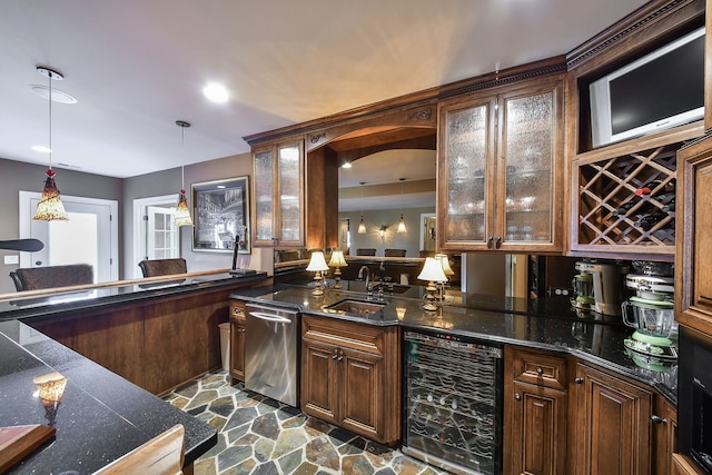 1303 Bonnema Ave, Naperville, IL 60565 - bar with a sink, pendant lighting, stone floors, bar area, and wine cooler