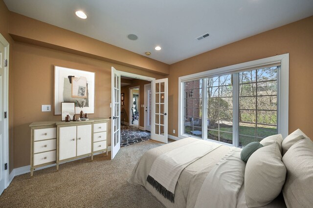 1303 Bonnema Ave, Naperville, IL 60565 - bedroom featuring recessed lighting, light carpet, french doors, and visible vents