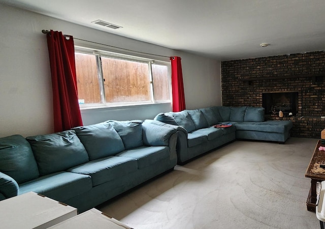 18454 Ridgewood Ave, Lansing, IL 60438 - living area with carpet floors, brick wall, and a fireplace