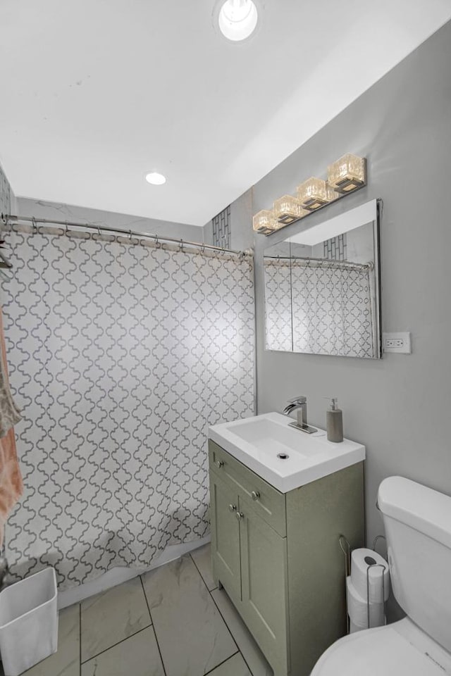 full bathroom with vanity, curtained shower, recessed lighting, toilet, and marble finish floor