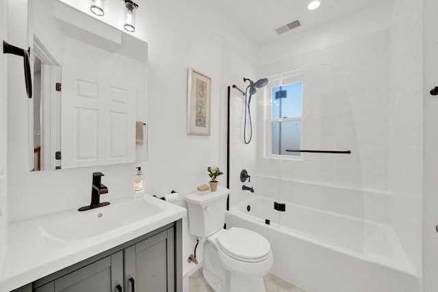 full bathroom with shower / washtub combination, toilet, vanity, and visible vents
