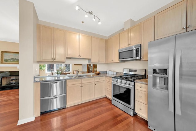 kitchen featuring light brown cabinets, wood finished floors, stainless steel appliances, and a sink
