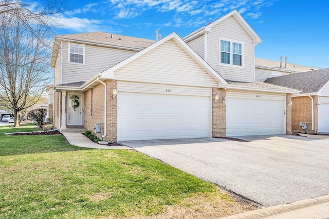 8411 Kirby Dr, Tinley Park, IL 60487 - view of front of house featuring a shingled roof, a garage, brick siding, a front lawn, and driveway