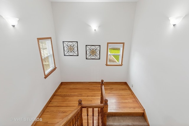 stairs featuring baseboards, a healthy amount of sunlight, a high ceiling, and wood finished floors