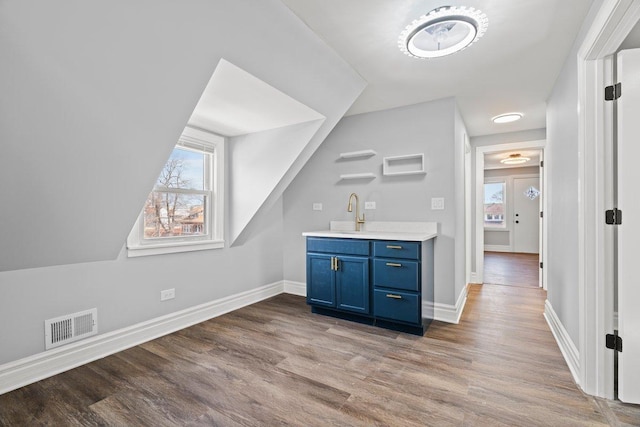 additional living space with visible vents, wood finished floors, and a healthy amount of sunlight