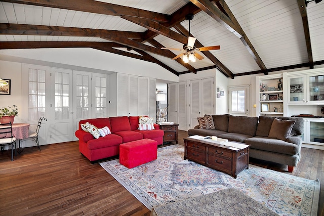 living room featuring lofted ceiling with beams, a ceiling fan, wooden ceiling, and hardwood / wood-style floors