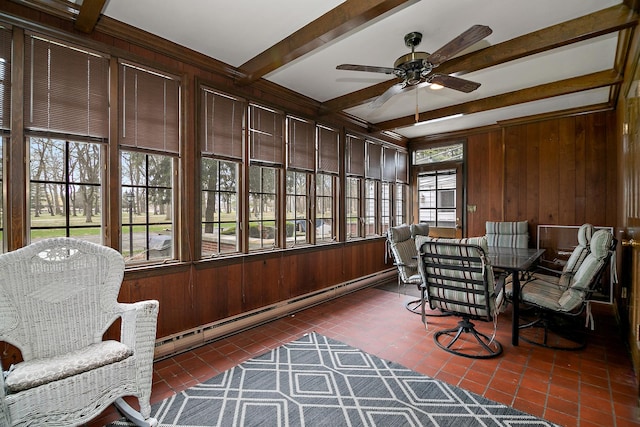 sunroom / solarium with baseboard heating and beam ceiling