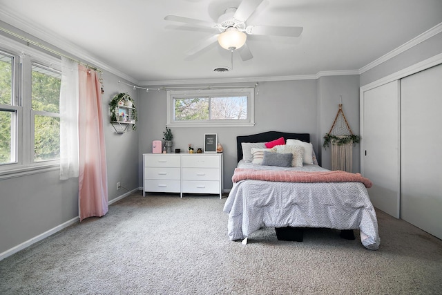 carpeted bedroom with visible vents, ornamental molding, a closet, baseboards, and ceiling fan