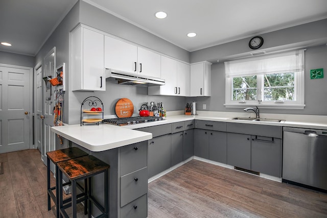 kitchen with stainless steel appliances, a sink, recessed lighting, gray cabinets, and under cabinet range hood