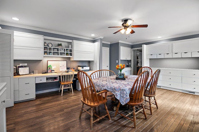 dining space featuring built in desk, recessed lighting, a ceiling fan, ornamental molding, and dark wood-style flooring