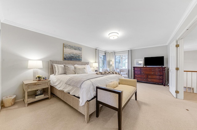 bedroom with crown molding, baseboards, and light colored carpet