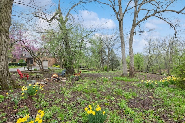 view of yard featuring an outdoor fire pit