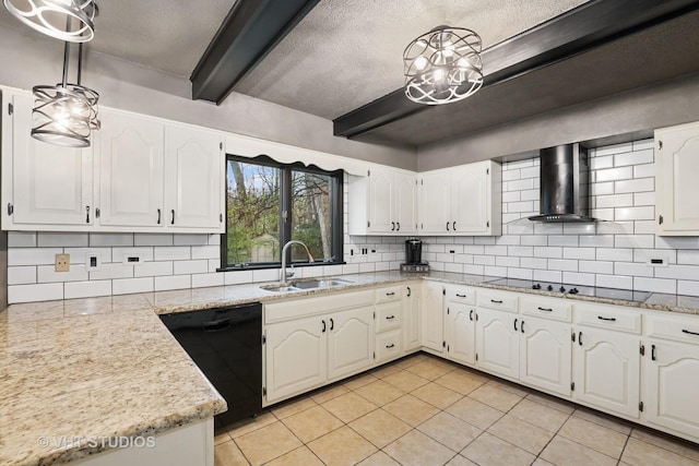kitchen featuring backsplash, beam ceiling, a sink, black appliances, and wall chimney exhaust hood