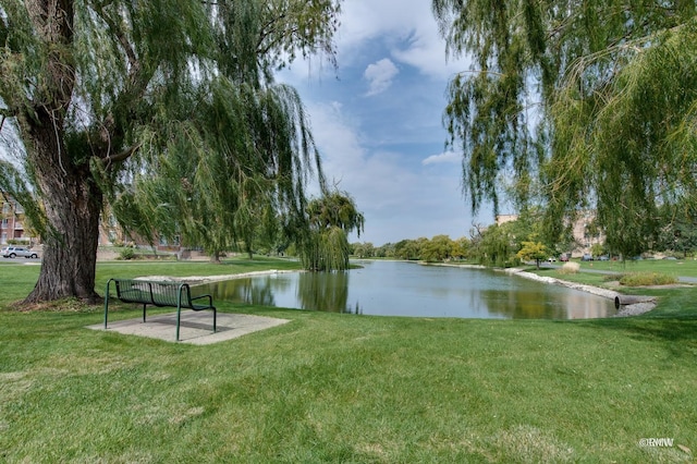 view of property's community with a water view and a lawn