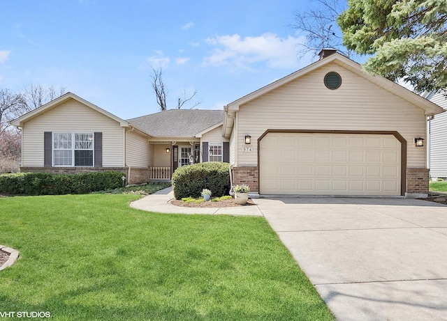 974 Lockwood Ln, Batavia, IL 60510 - ranch-style house with a front lawn, roof with shingles, an attached garage, driveway, and brick siding