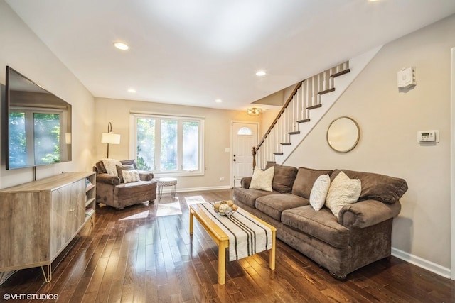 1767 Jefferson Ave, Glenview, IL 60025 - living room featuring dark wood-type flooring, baseboards, stairway, and recessed lighting