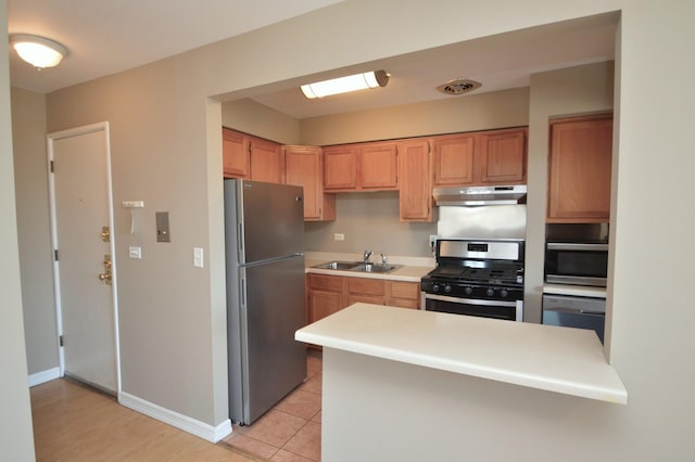 1227 S Harlem Ave Unit 511, Berwyn, IL 60402 - kitchen featuring a peninsula, appliances with stainless steel finishes, under cabinet range hood, light countertops, and a sink