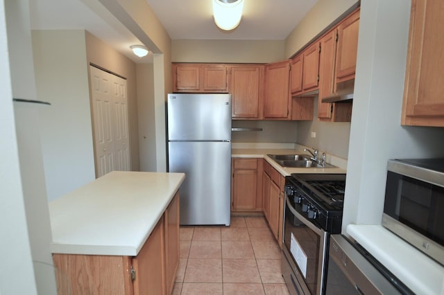 1227 S Harlem Ave Unit 511, Berwyn, IL 60402 - kitchen with light tile patterned floors, a sink, light countertops, appliances with stainless steel finishes, and under cabinet range hood