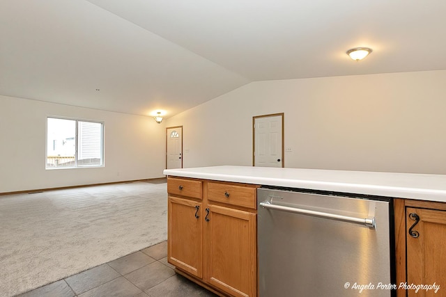 35850 N Benjamin Ave, Ingleside, IL 60041 - kitchen featuring dishwasher, light colored carpet, vaulted ceiling, light countertops, and light tile patterned floors