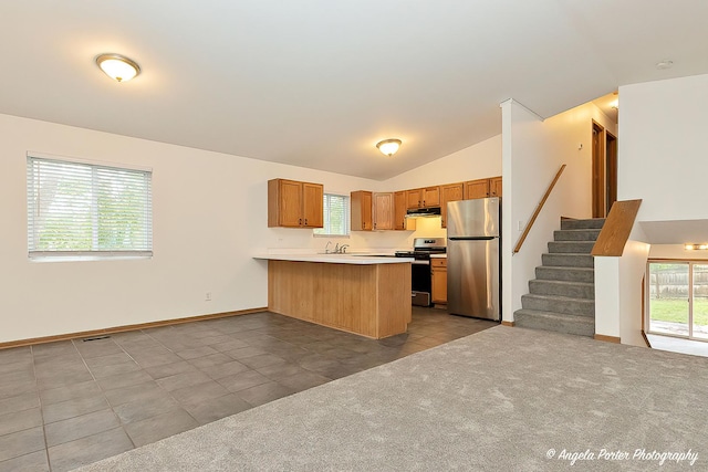 35850 N Benjamin Ave, Ingleside, IL 60041 - kitchen with stainless steel appliances, a peninsula, vaulted ceiling, brown cabinets, and light countertops