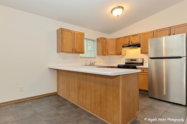 35850 N Benjamin Ave, Ingleside, IL 60041 - kitchen featuring stainless steel appliances, under cabinet range hood, vaulted ceiling, a peninsula, and light countertops