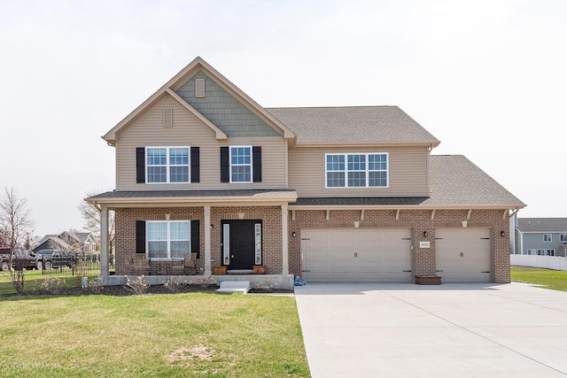 view of front of house with driveway, a porch, brick siding, a shingled roof, and an attached garage