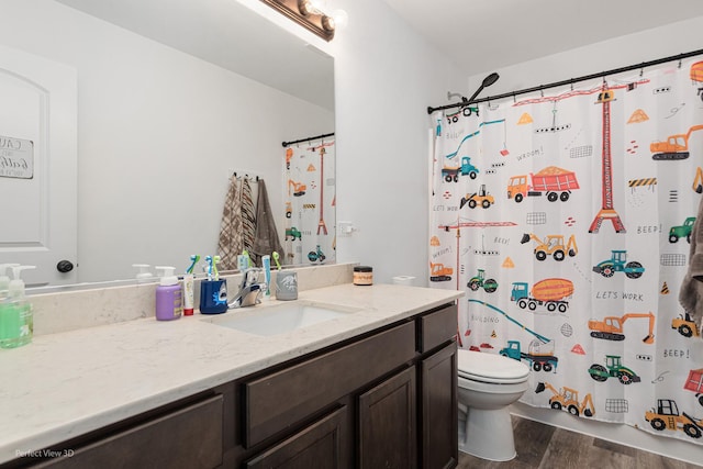 bathroom featuring wood finished floors, toilet, and vanity