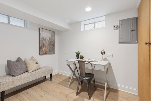 5941 N Mccook Ave, Chicago, IL 60646 - home office featuring electric panel, baseboards, light wood-style floors, and recessed lighting