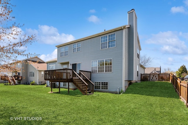 271 Valley Forge Ave, South Elgin, IL 60177 - rear view of property featuring stairway, a yard, a fenced backyard, a chimney, and a deck