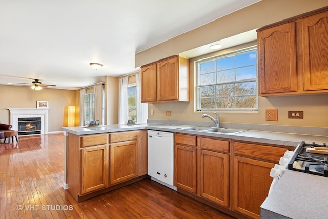 271 Valley Forge Ave, South Elgin, IL 60177 - kitchen with a sink, ceiling fan, a glass covered fireplace, dishwasher, and a peninsula