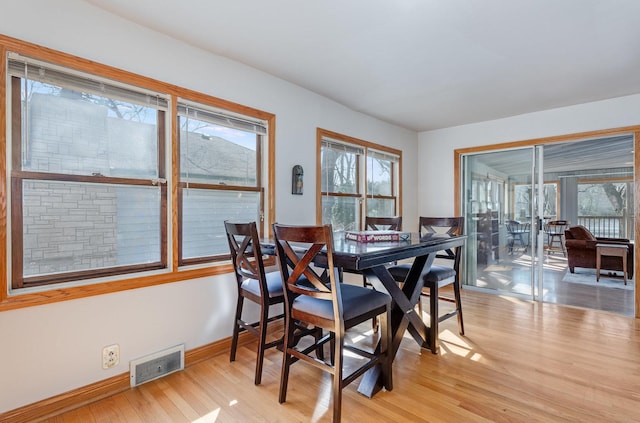 dining space featuring light wood-style floors, baseboards, and visible vents