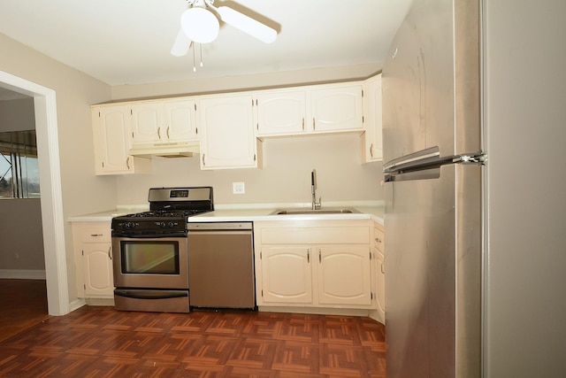 4731 Saint Joseph Creek Rd Unit 5G, Lisle, IL 60532 - kitchen featuring a sink, light countertops, appliances with stainless steel finishes, a ceiling fan, and under cabinet range hood