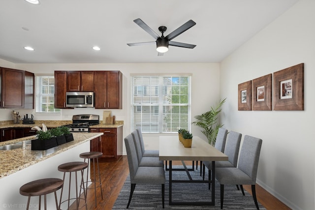 1529 E Arbor Ln, Arlington Heights, IL 60004 - kitchen featuring stainless steel appliances, a breakfast bar, dark wood finished floors, ceiling fan, and recessed lighting