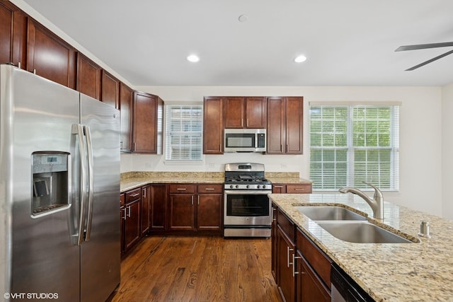 1529 E Arbor Ln, Arlington Heights, IL 60004 - kitchen featuring stainless steel appliances, dark wood-style flooring, a ceiling fan, light stone countertops, and recessed lighting