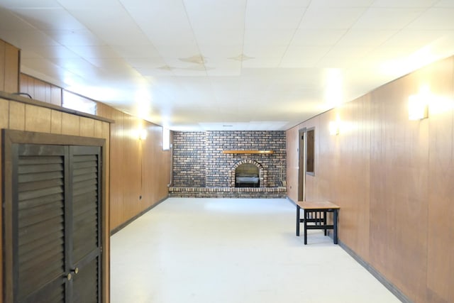 14435 Karlov Ave, Midlothian, IL 60445 - basement with wood walls and a brick fireplace