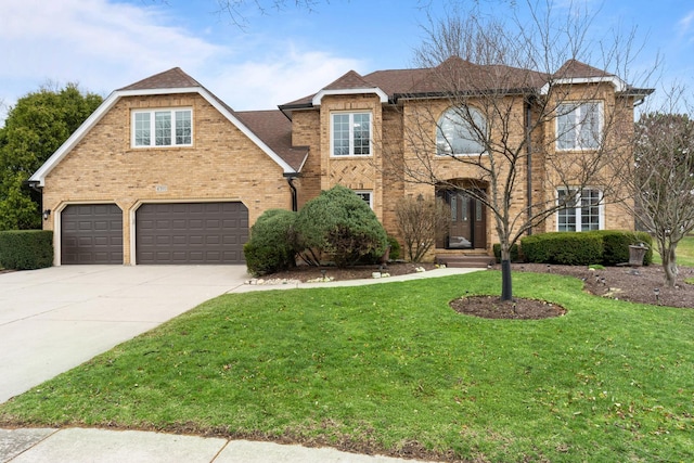 view of front of property with driveway, an attached garage, a front yard, brick siding, and a shingled roof