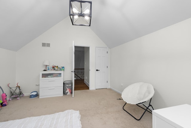 bedroom with visible vents, baseboards, light colored carpet, and lofted ceiling
