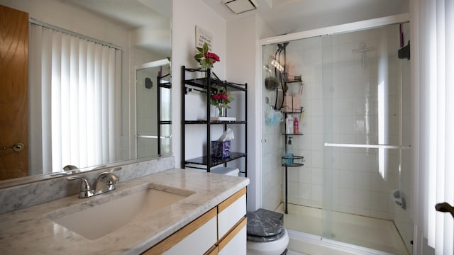 bathroom featuring toilet, a shower stall, a healthy amount of sunlight, and vanity