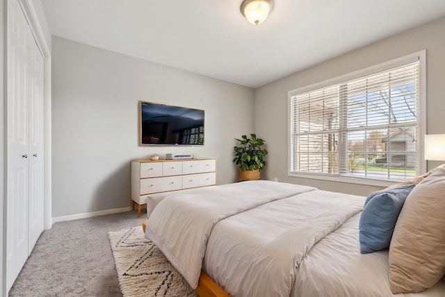 bedroom with baseboards, carpet floors, multiple windows, and a closet