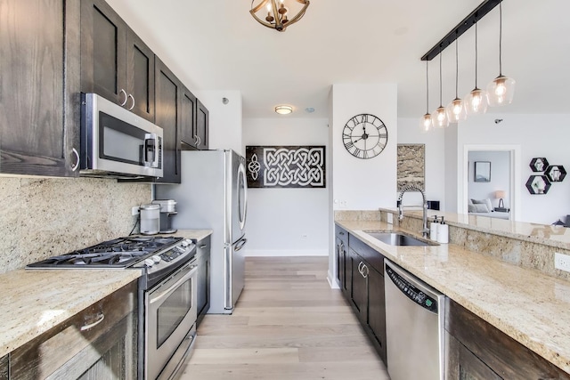 kitchen with light stone countertops, light wood-style floors, a sink, hanging light fixtures, and stainless steel appliances