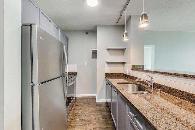 600 N Kingsbury St Unit 1612, Chicago, IL 60654 - kitchen featuring open shelves, a sink, stone countertops, stainless steel appliances, and dark wood-type flooring