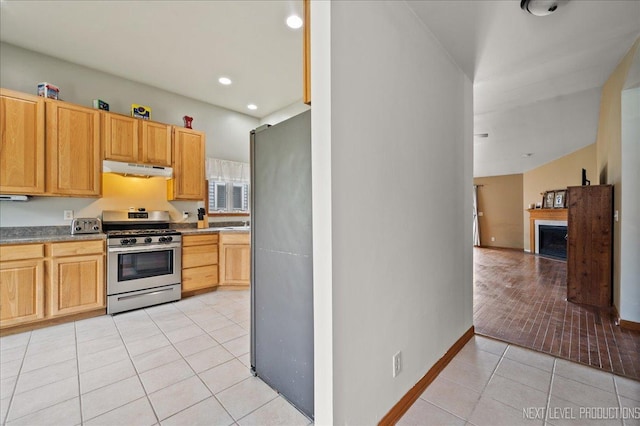 317 Plymouth Ct, Sycamore, IL 60178 - kitchen with appliances with stainless steel finishes, under cabinet range hood, light tile patterned floors, recessed lighting, and a fireplace
