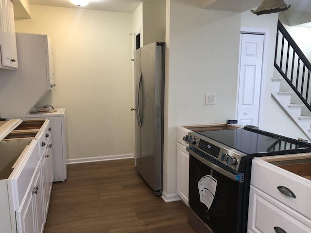 1351 N Glen Cir Unit A, Aurora, IL 60506 - kitchen featuring freestanding refrigerator, dark wood-type flooring, white cabinets, range with electric stovetop, and baseboards