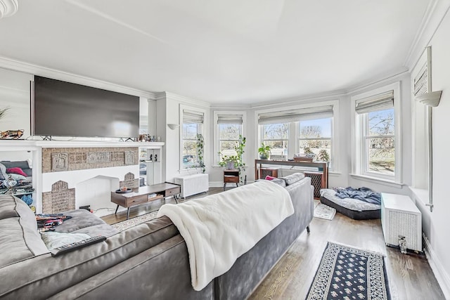 bedroom featuring baseboards, ornamental molding, radiator heating unit, a brick fireplace, and wood finished floors