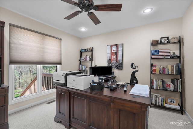 office area with recessed lighting, light colored carpet, baseboards, and ceiling fan